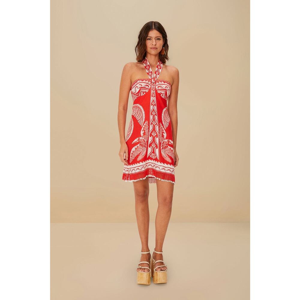 Farm Rio Red Majestic Coconut Tree Euroflax Premium Linen Mini Dress - Picture 2 of 11